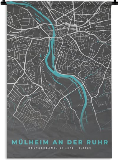 Wandkleed - Wanddoek - Blauw – Duitsland – Plattegrond – Stadskaart – Kaart – Mülheim an der Ruhr - 120x180 cm - Wandtapijt