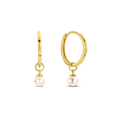 New Bling 9NBG-0714 Gouden Oorringen met Pareltje - Oorbellen - 14 Karaat - Parel - 3mm - 12mm Doorsnee - 1,2mm Breed - Scharnier - Goud