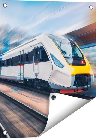 Gards Tuinposter Trein bij het Station - 40x50 cm - Tuindoek - Tuindecoratie - Wanddecoratie buiten - Tuinschilderij