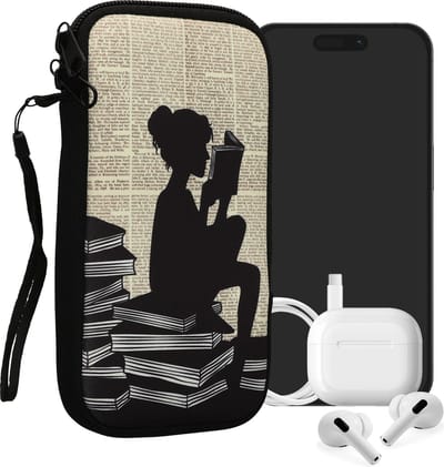 kwmobile hoesje voor smartphones XXL - 7" - hoes van Neopreen - Meisje met boeken design - zwart / beige - binnenmaat 17,7 x 8,5 cm