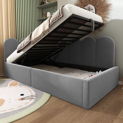 REDOM daybed 90x190 cm – Fluweel grijs – Hydraulische opbergruimte, L-vormig, rasterontwerp – 136 kg