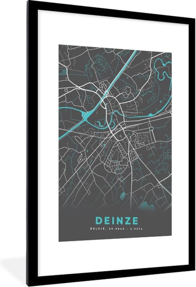 Fotolijst incl. Poster - Plattegrond – Deinze – Blauw – Stadskaart - Kaart - 60x90 cm - Posterlijst