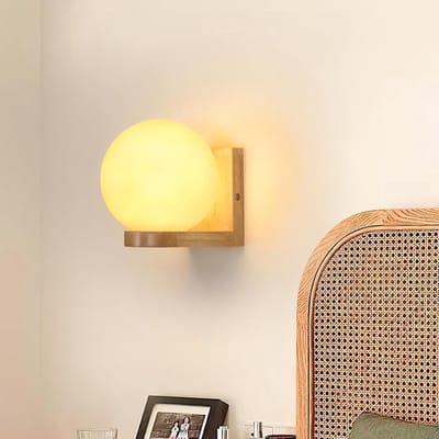 Haobosic - Houten wandlamp voor binnen, wandlamp met glazen kap, E27 wandlamp voor slaapkamer (lamp niet inbegrepen), ronde houten wandlamp
