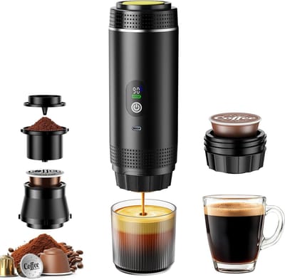 Mini Koffiemachine - 3-in-1 Reis Espresso Apparaat - Werkt op Batterijen en USB - Voor Cups en Gemalen Koffie - Camping en Autogadget - Cadeau voor Kampeerders en Reizigers - Reisaccessoire - Zwart - 1 Stuk