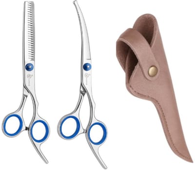 Professor Q Combo - Scharenset – Uitdunschaar + Gebogen Hondentrimschaar – RVS – Ergonomisch + Luxe Lederen Etui – 16,5 cm – Brons