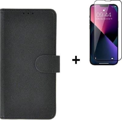 Hoesje Geschikt voor iPhone 13 Mini + Screenprotector iPhone 13 Mini - iPhone 13 Mini Hoes Wallet Bookcase Zwart + Full Tempered Glass