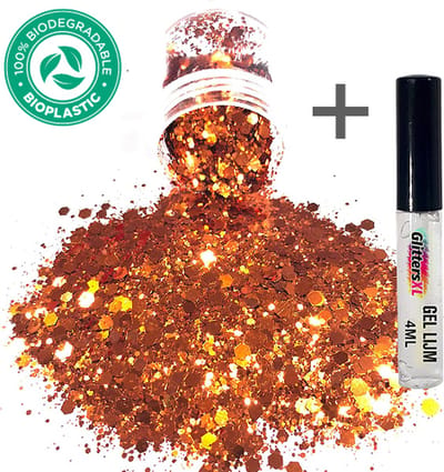 Chunky Glitters (Oranje/Roségoud) + Glitter Huid Lijm [Volume 8g - Festival Jewels Glitter Outfit Lichaam Gezicht - Make-up Diamond Dots Face Body - Diamantjes Strass Steentjes - Kinderen Volwassenen Dames Makeup Tattoo Mastix Schmink]