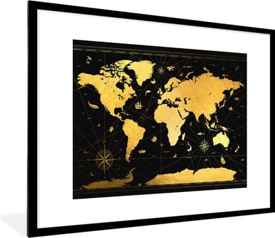 Poster in lijst - Fotolijst 80x60 cm - Posters - Wereldkaart - Luxe - Goud - Posterlijst zwart - Decoratie - Wanddecoratie woonkamer - Muurdecoratie slaapkamer