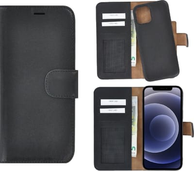 iPhone 12 Pro Max hoesje - Bookcase - Portemonnee Hoes 2in1 Uitneembaar Echt leer Wallet case Zwart