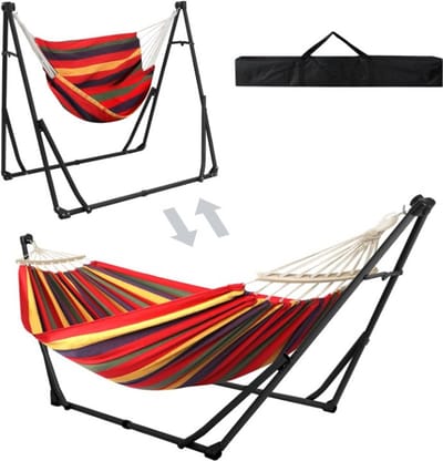 Hangmat met Standaard - Hangstoel - Tuinhangmat - 200 kg Capaciteit - Robuuste Stof - Heavy Duty Stalen Standaard - Draagtas Inbegrepen - voor Buiten - Balkon - Terras - Tuin - 180 x 130 cm - Rood