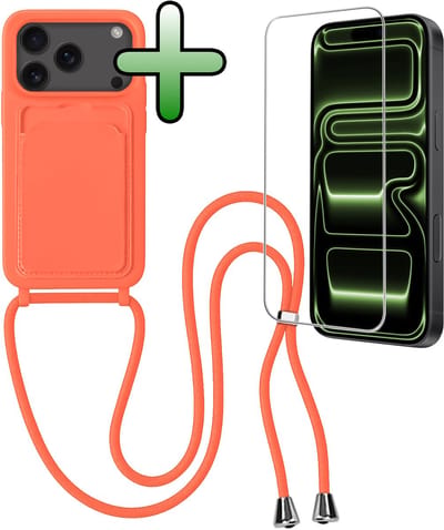 Hoes Geschikt voor iPhone 17 Pro / 18 Pro Hoesje Pas Houder Case Hoes Met Koord Met Screenprotector - Hoesje Geschikt voor iPhone 17 Pro / 18 Pro Hoes Met Telefoonkoord Pasjeshouder Cover - Papaya