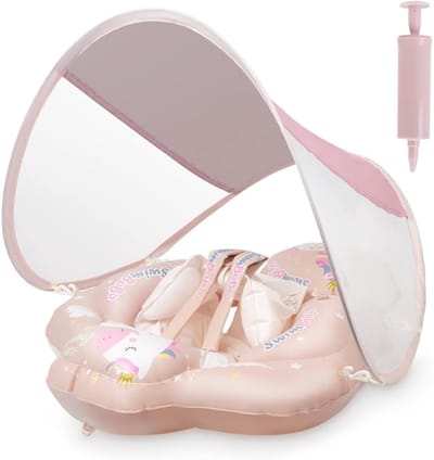 Opblaasbare zwemvlotter voor baby's - Baby Zwemring met Verwijderbaar Zonnekapje - zwemband - zwemtrainer - voor leeftijd 6-30 maanden - babyfloat - L - roze