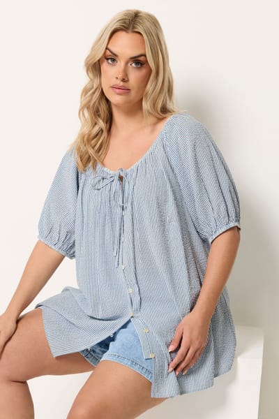 Yours Blauw Gestreepte Blouse Met Pofmouwen Size 42