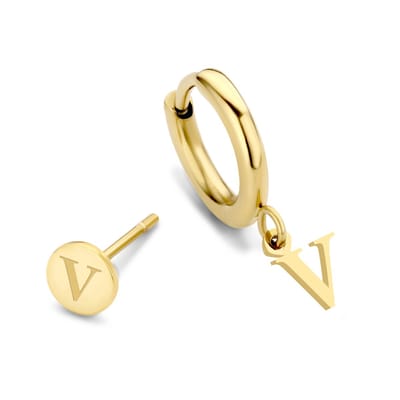 CO88 Collection Alphabet 8CE-70378 Stalen oorknop en oorring - letter V - 6 mm and 12mm - Initiaal sieraad - Goudkleurig