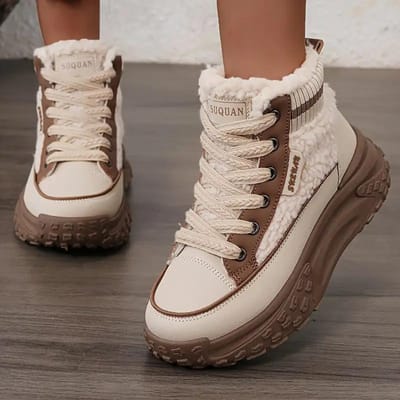 Dames Warme High-Top Sneakers Faux Fur Voering - Bruin Beige Ronde Neus Dikke Zool Casual Comfort Schoenen 39 kaki
