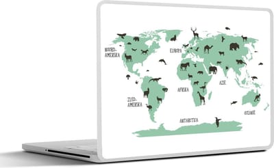 Laptop sticker - 15.6 inch - Wereldkaart kinderen - Dieren - Turquoise - 36x27,5cm - Laptopstickers - Laptop skin - Cover