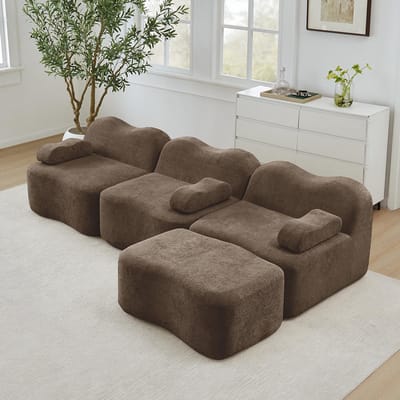 BLACKCOLORS Modulaire 3-zits L-vormige bank met 1 chaise longue, 32D-schuim met hoge dichtheid, golvende vorm, diepe zitting, afneembaar armleuningkussen, voor de woonkamer, bruin
