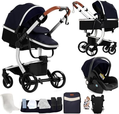 Baby Kinderwagen - Reiswieg Kinderwagen - Comfortabel Reizen - Aluminium Frame - 3-delig - Zilverblauw