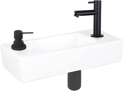 Differnz Sapon fonteinset - 42.5x18.5x9cm - Rechthoek - 1 kraangat - Zwart mat - Keramiek Wit