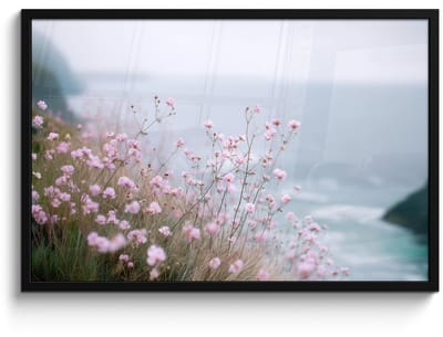 Poster in lijst - Fotolijst 90x60 cm - Posters - Klif - Bloemen - Zee - Roze - Posterlijst zwart - Decoratie - Wanddecoratie woonkamer - Muurdecoratie slaapkamer
