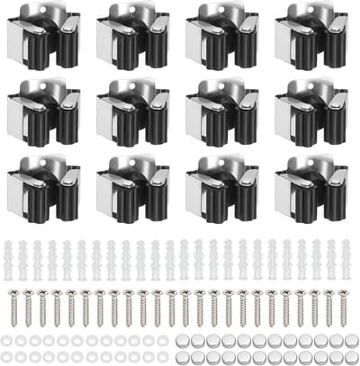 Famanu – Dweilhouder wandmontage set van 12 – RVS hangclips met schroeven, heavy-duty set voor grotere ruimtes – Voor garage (zwart)