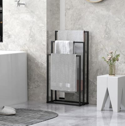 MEUNIQ staand handdoekrek 45 x 21,5 x 85 cm met 3 stangen, vrijstaand droogrek van staal voor badkamer, slaapkamer of wasruimte, zwart