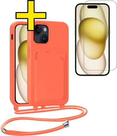 Hoesje Geschikt voor iPhone 15 Plus Telefoonhoesje Met Koord Case Pashouder Met Screenprotector Siliconen - Hoes Geschikt voor iPhone 15 Plus Hoesje Met Kaarthouder - Papaya