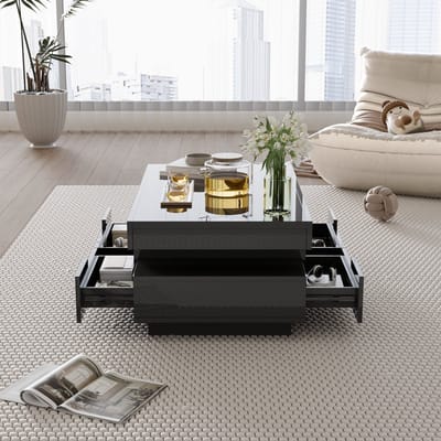 MODFU Salontafel met LED-verlichting - Hoogglans Zwart - 4 Laden & Open Vakken - Modern Koffietafel - 80x50x36 cm