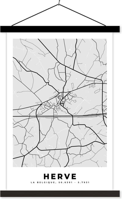 Posterhanger incl. Poster 40x60 cm - Schoolplaat - België – Herve – Stadskaart – Kaart – Zwart Wit – Plattegrond - Textielposter - Zwarte latten - Stadskaart