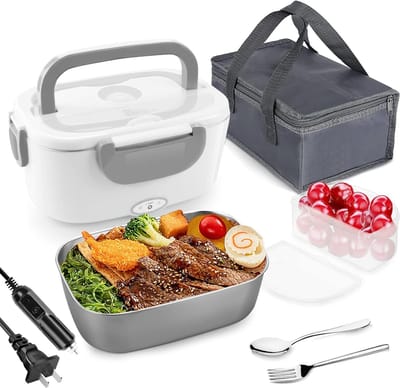 Elektrische lunchbox-voedselverwarmer, 3-in-1 draagbare voedselverwarmer, auto- en thuisgebruik, lekvrij, magnetronbestendige lunchverwarmer met 304 roestvrijstalen container 1,5 l, 220 V/12 V/24 V, witgrijs