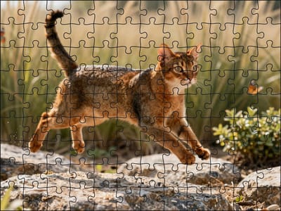 Puzzel Abessijn kat in de savanne | 120 stukjes | Dierenpuzzel | Kattenpuzzel