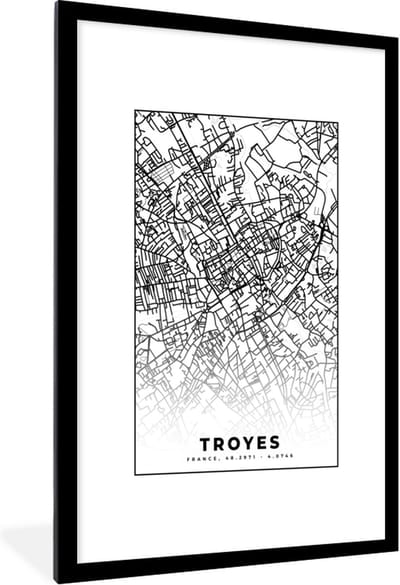 Fotolijst incl. Poster Zwart Wit- Stadskaart - Plattegrond - Troyes - Kaart - Frankrijk - Zwart wit - 80x120 cm - Posterlijst