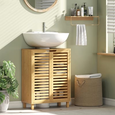 MODFU Wastafelonderkast – 60x30x80 cm – Met lameldeuren & verstelbare plank – Vrijstaand voor badkamer – Bamboe – Naturel