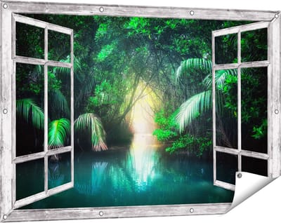 Gards Tuinposter Doorkijk Tropische Jungle met een Turquoise Meer - 120x80 cm - Tuindoek - Tuindecoratie - Wanddecoratie buiten - Tuinschilderij