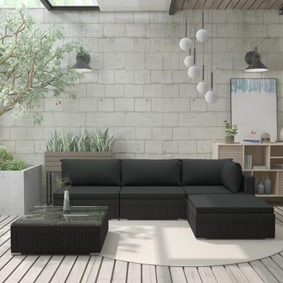 vidaXL - 5-delige - Loungeset - met - kussens - poly - rattan - zwart