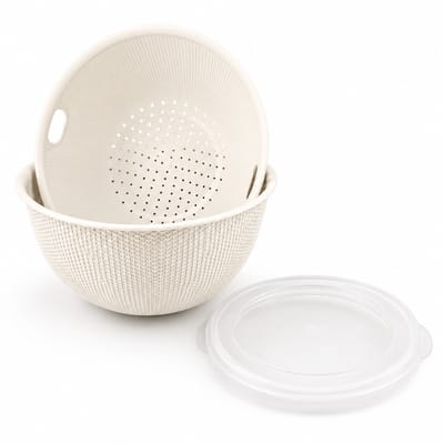 Benza Mengkom met Vergiet en Deksel – 3,7 Liter – Ø25 cm – Vaatwasserbestendig – Warm Wit