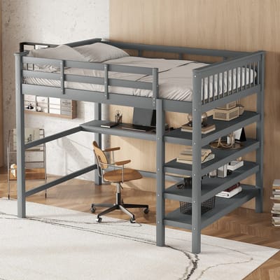 MIVRAY Hoogslaper 140x200cm Zonder Matras - Met Bureau En Opbergvakken - Voor Kinderkamer En Studentenkamer - Grenenhout En MDF - Grijs