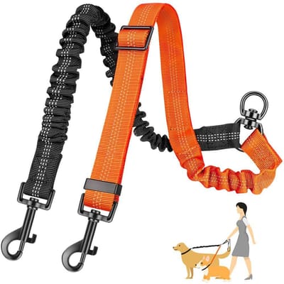 16 Ft Lange Dubbele Hondenriem Bevestiging - Dubbele Riemen Voor Training Kleine Tot Grote Honden Verstelbare Band Schokabsorberende Bungee oranje