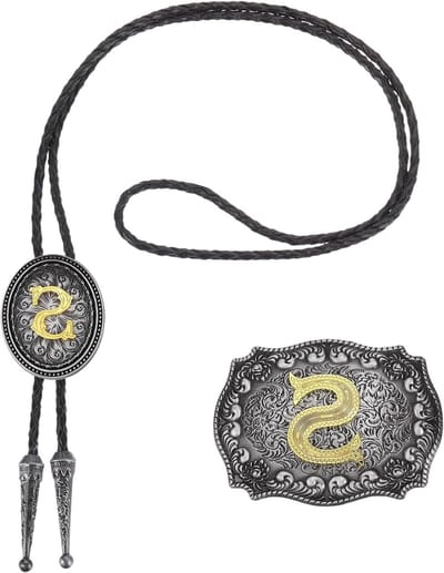 2 Stuks Bolo Western Cowboy Stropdas en Gesp Initiaal S Goud Lederen Armband voor Mannen en Vrouwen - Vintage Kostuum Accessoires in Grijs en Zwart/Goud