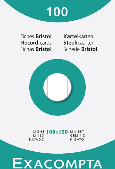 Exacompta 10x etui 100 steekkaarten bristol - gelijnd niet geperforeerd 100x150mm - Wit - 13802X