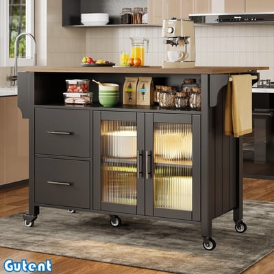 Gutent Eetkasten - Keukeneiland - met bureau - buffetkasten - met houten glazen kasten - LED-verlichting - met rollen - zijhanddoekenhouder - Zwart