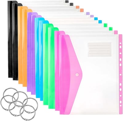 24PCS A4 Punch Pocket - Plastic Binder Wallets met Label Pocket en Ring, Ideaal voor Thuis, Kantoor en Zakenreizen, 6 Kleuren, Duurzaam en Handig