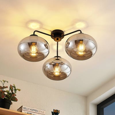 Lindby plafondlamp Navidia, Ø 67 cm, zwart, rookglas