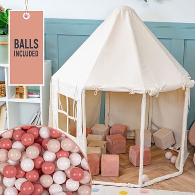 KiddyMoon Speeltent Kindertent Met 200 Ballen Opvouwbaar Voor Kinderen Paviljoenvormig Kinderhuis Gemakkelijk In elkaar te zetten Om Binnen En Buiten Te Spelen, Natuurlijke Kleur:Pastel Beige/Zalm/Wit