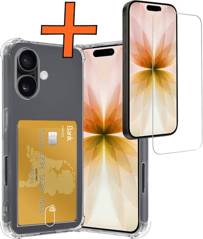 Hoes - Geschikt voor Apple iPhone 17 - Met Screenprotector - En Pashouder - En Kaarthouder - Telefoon Hoesje Shockproof - Siliconen Case - Back Cover - Shock Proof - Pasjes Houder - Transparant