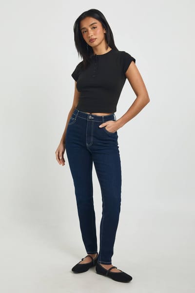 boohoo Dames Petite Hoge Taille Billen Liftende Skinny Jeans | Indigo | Maat: 10