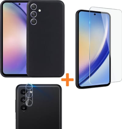 Back cover Silicone hoesje zwart met Screenprotector Glas 1x en Camera lens protector 1x Geschikt voor: Samsung Galaxy A35