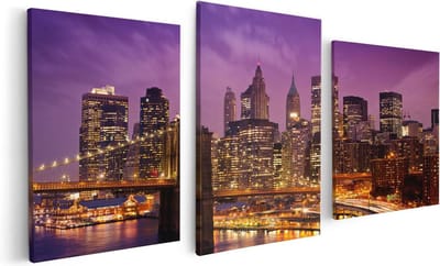 Artaza Canvas Schilderij Drieluik Skyline New York Van Centrum In Het Paars - 120x60 - Foto Op Canvas - Canvas Print