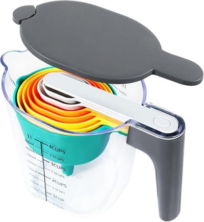 Famanu - Maatbekers en lepels set 10-delig stapelbaar BPA-vrij, voor koken bakken en afmeten van vloeibaar en droog, veelkleurig