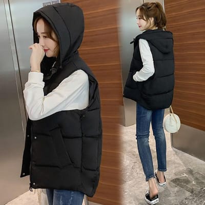 Herfst en Winter Mouwloos Damesmode Katoenen Jas Wild Los Casual Slim Gilet Warm Kort Met Capuchon Effen Kleur Vest Jas Bovenkleding XXL black
